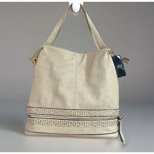 DS Faux Leather Tote Bag Purse Satchel Large Beige Studded Lazer Cut Zippers